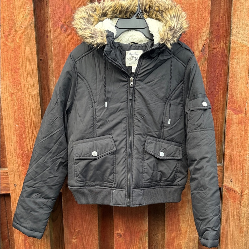 Maralyn & Me Black Sherpa Faux Fur Hooded Bomber Jacket L